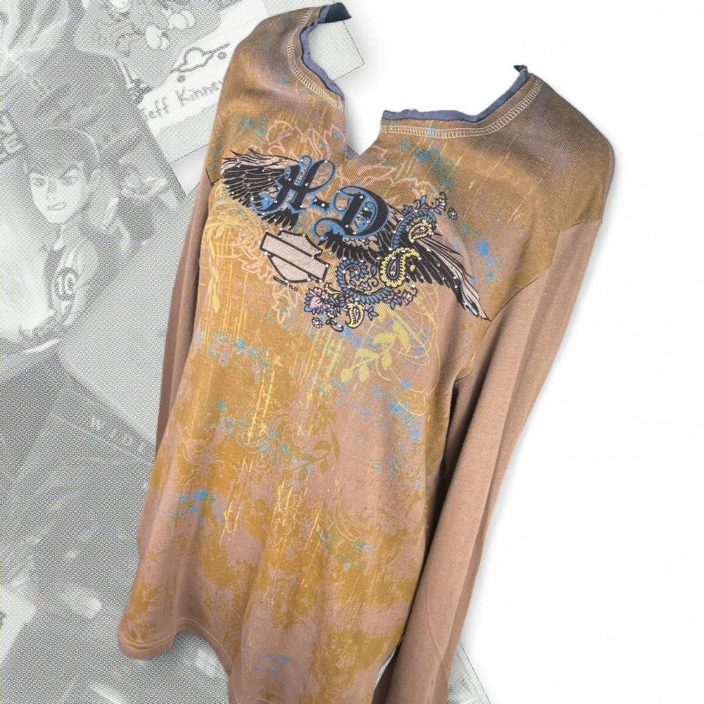 Vintage Harley Davidson Y2K Grunge Layered Long Sleeve Top Brown 2005 Florida